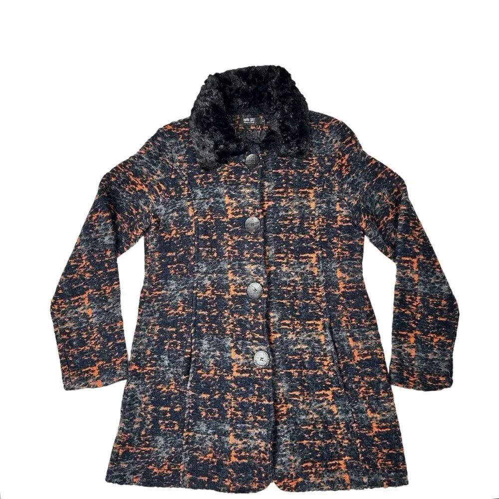 Vintage Maria Sole Textured Orange Gray Faux Fur Collar Eclectic Knit Coat